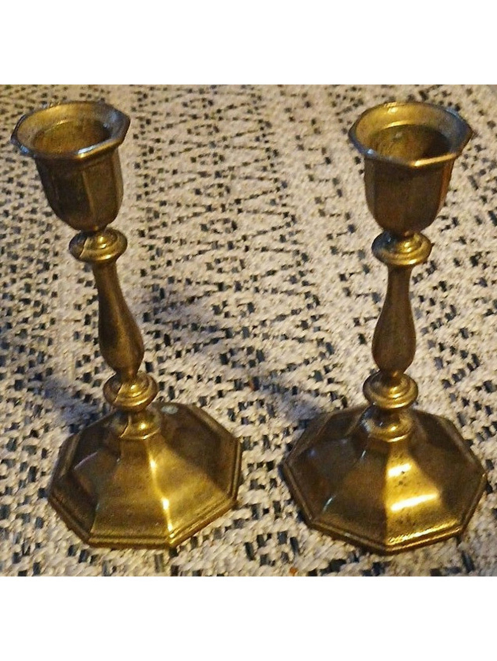 Nijhof Holland Brass Pair Octagon Taper Candle Holders Engraved Dutch Gold